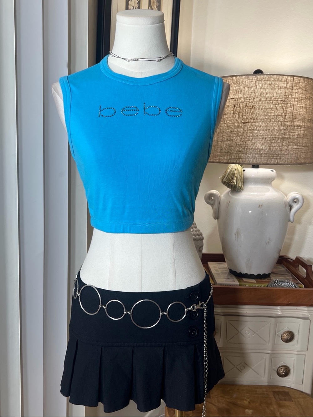 Y2K Bebe Turquoise Rhinestone Logo Cropped Tank